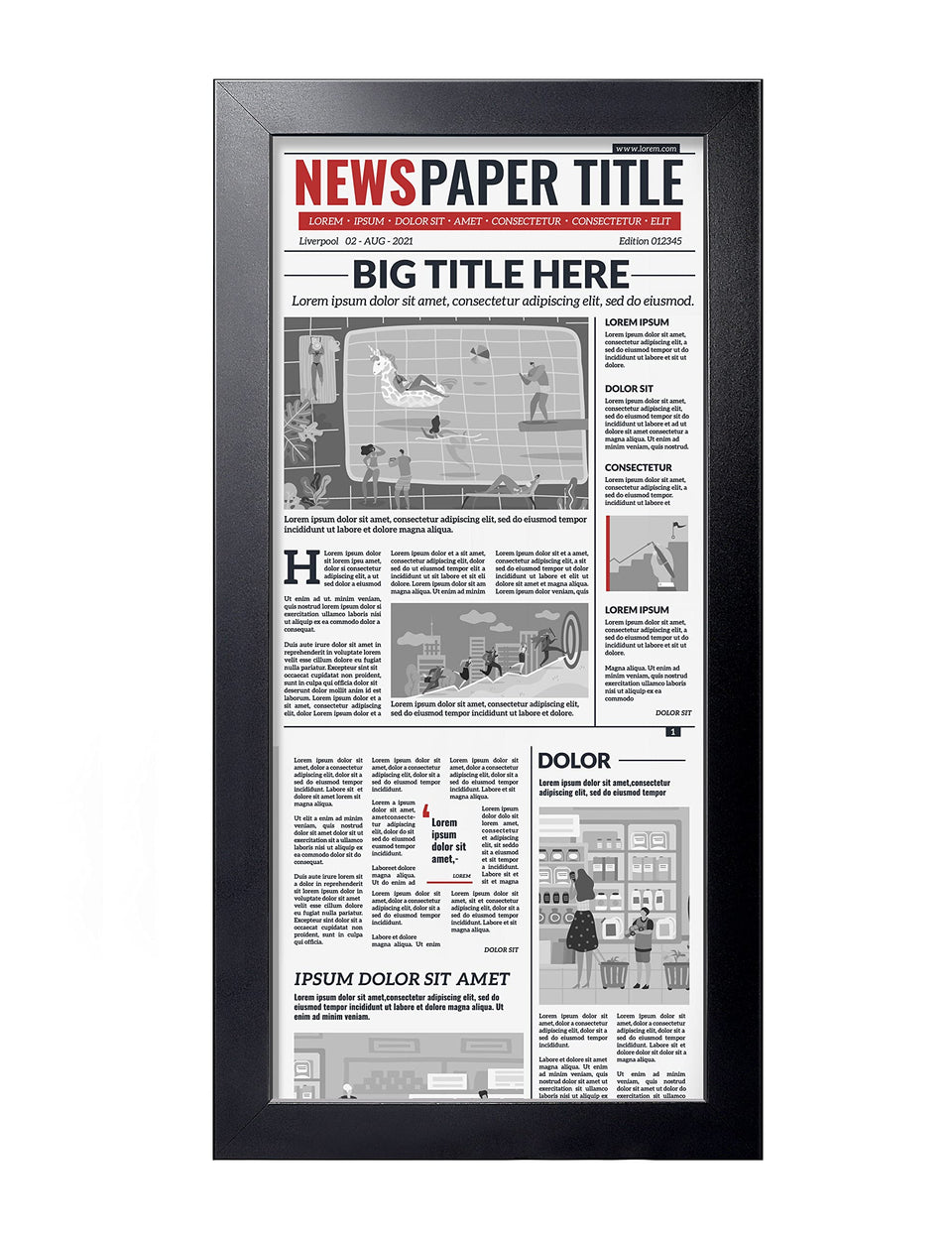 LaVie Home newspaper frame 11x22 front view in black, elegant display option