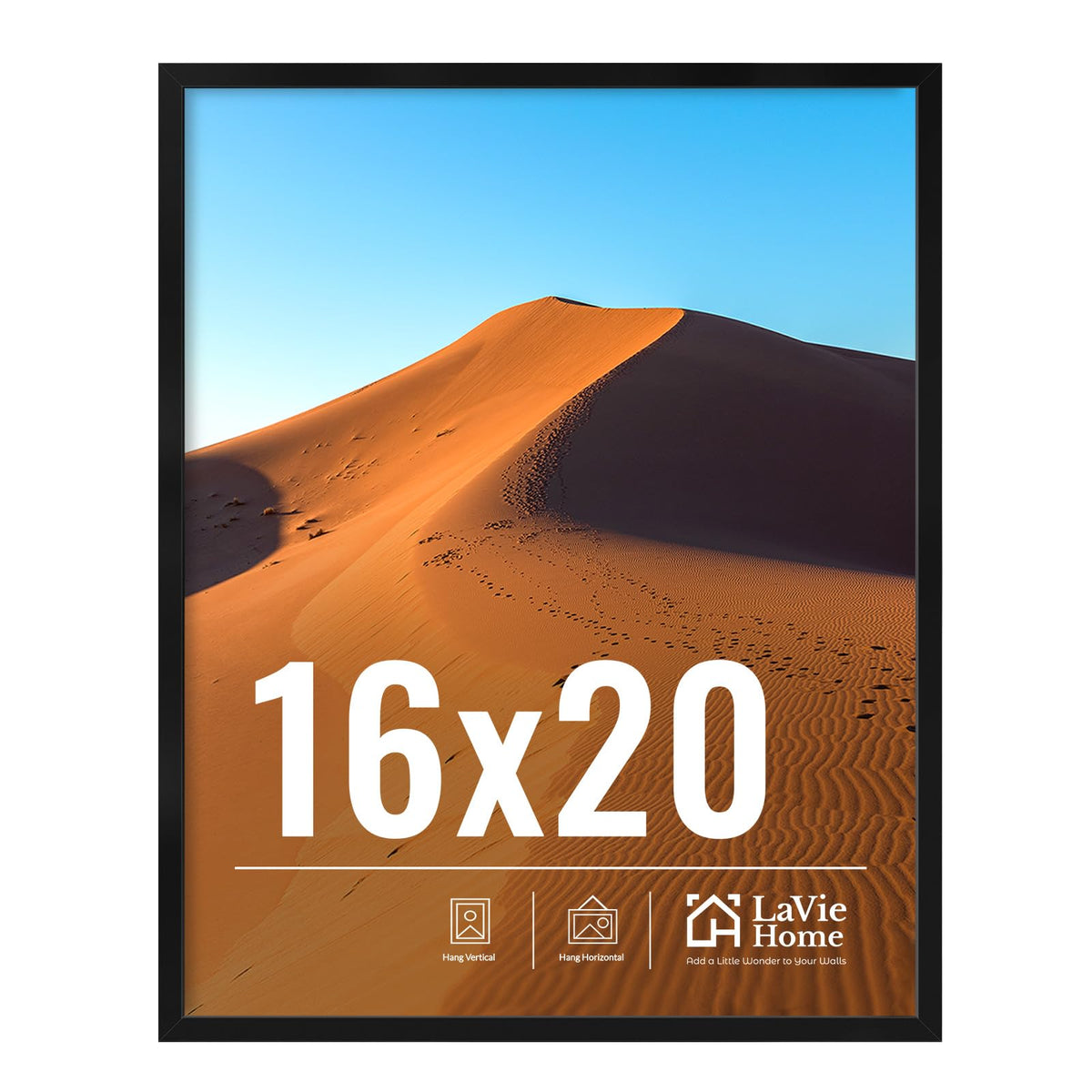 LaVie Home 16x20 frame on wall in black showing a vivid photo display with safe materials