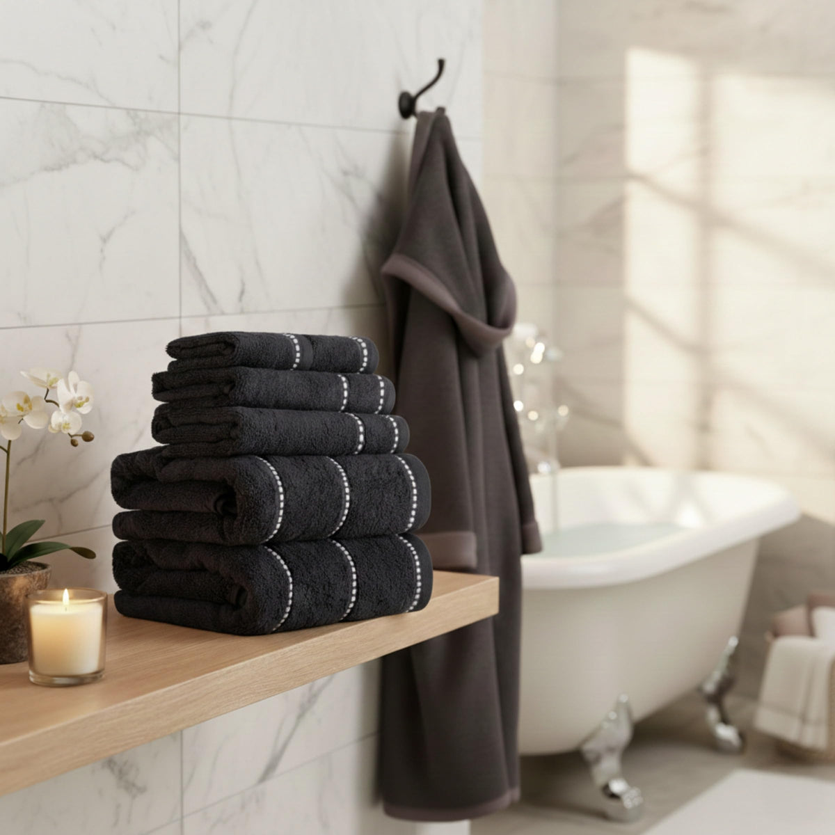 Lavish Home 6-Piece Black Towel Set border detail close-up, decorative beading