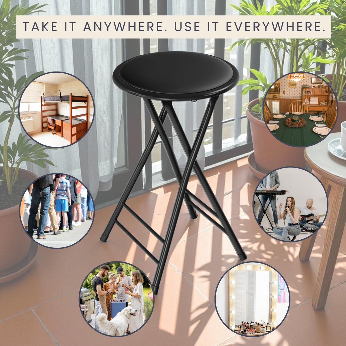 Lavish Home indoor-use-only stool folds flat for travel and storage.