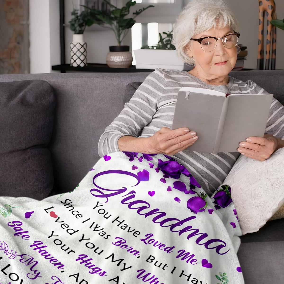 Lavua Grandma Blanket draped on sofa demonstrates generous size for shared moments.