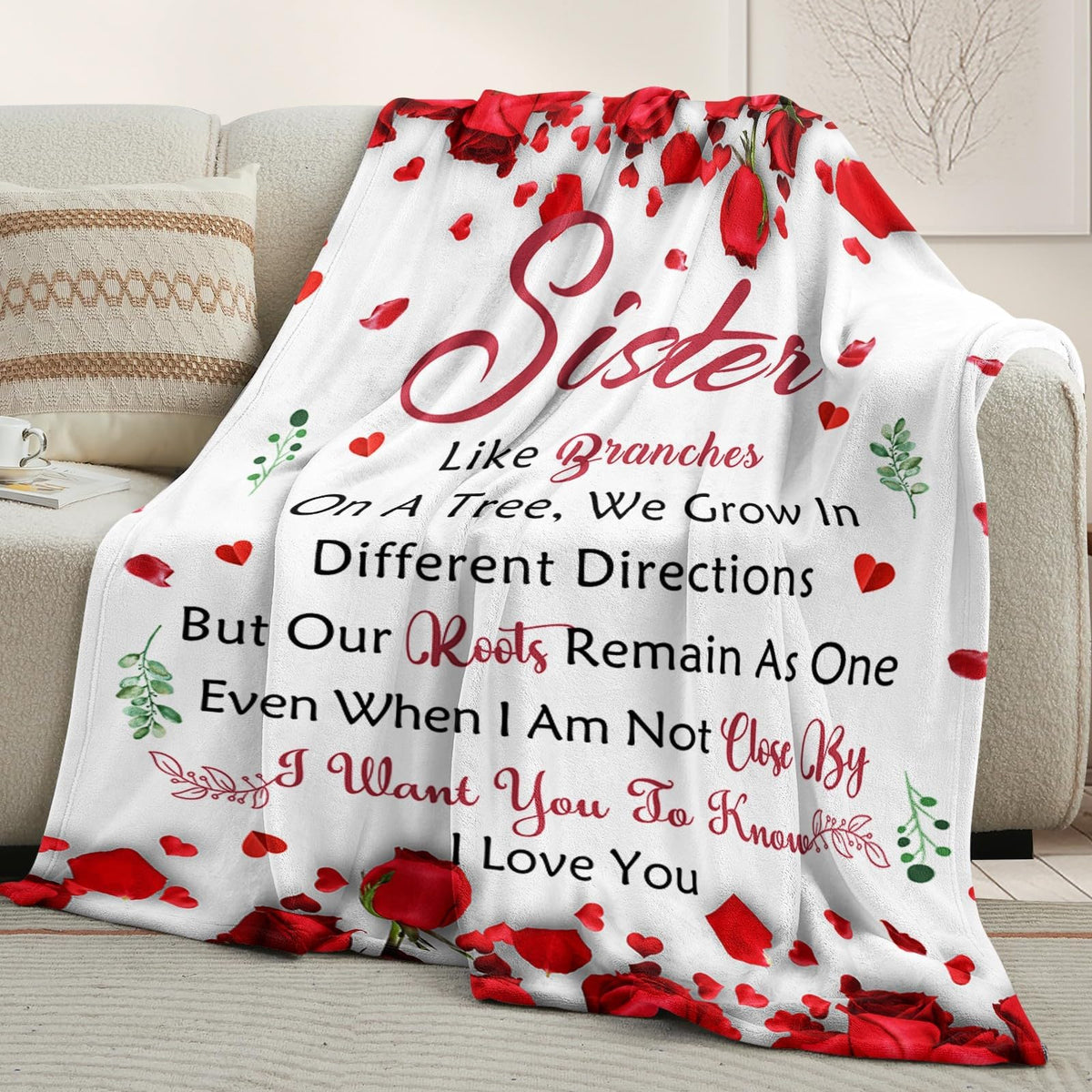 Lavua sister birthday blanket on bed creates a warm scene