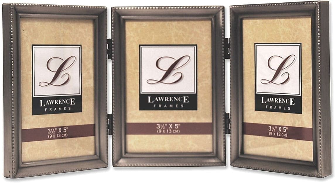 Lawrence Frames 11535T antique pewter hinged triple frame with beaded edge for displaying three 3x5 photos.