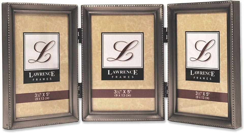 Lawrence Frames 11535T antique pewter hinged triple frame with beaded edge for displaying three 3x5 photos.