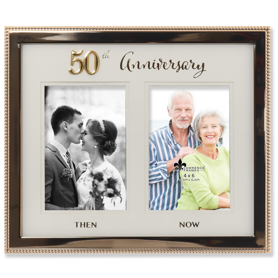 Lawrence Frames 4x6 double gold beaded frame front view highlights elegant anniversary display.