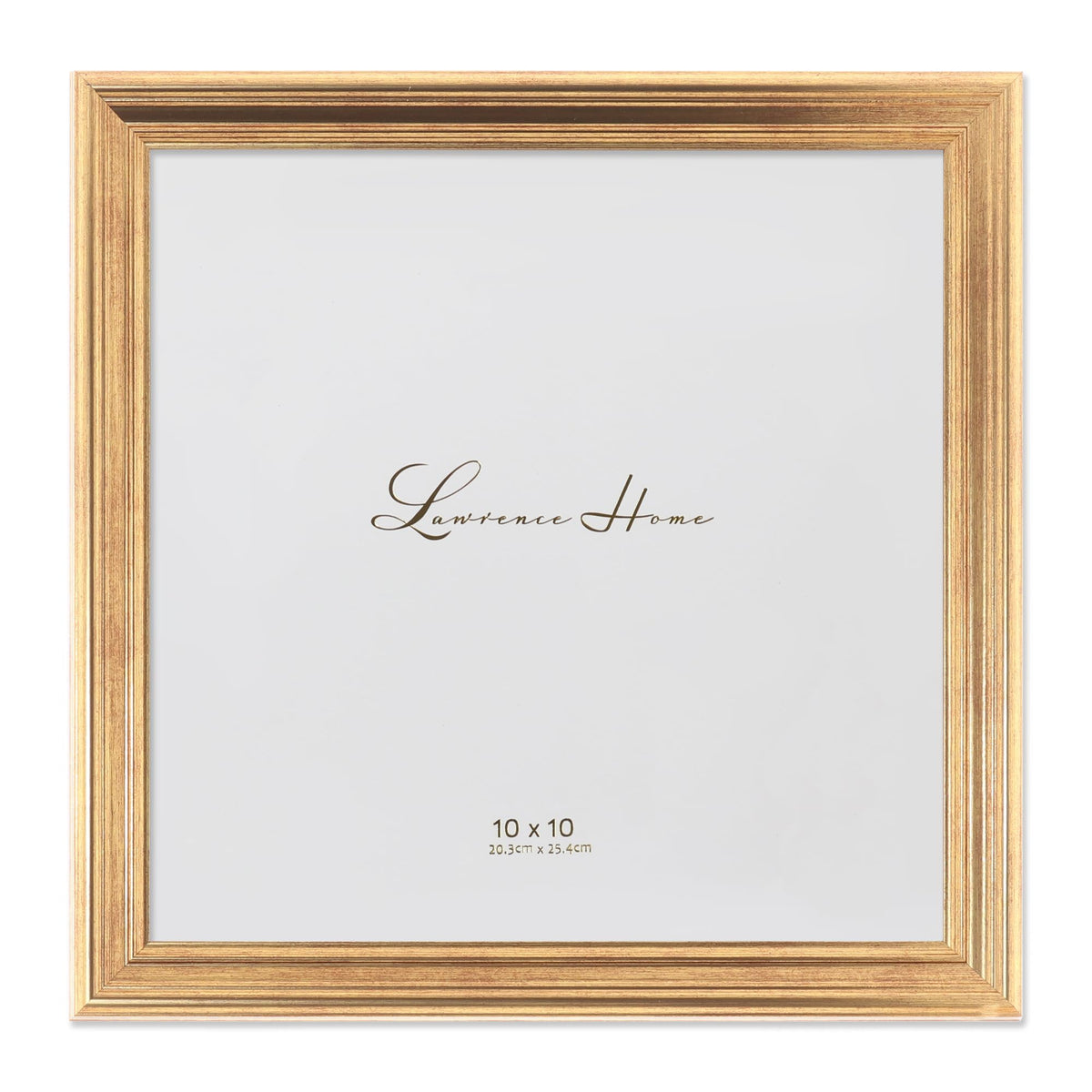 Lawrence Frames Sutter burnished gold 10x10 frame protecting photos behind glass
