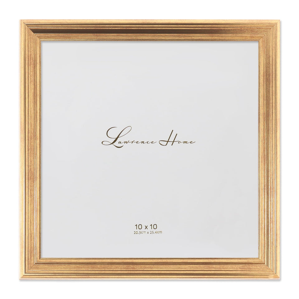 Lawrence Frames Sutter burnished gold 10x10 frame protecting photos behind glass