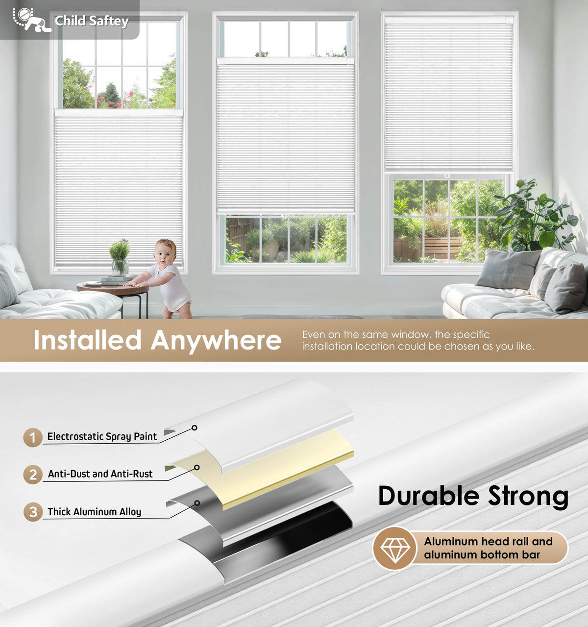 LazBlinds cordless design reduces hazards for homes with children and pets.