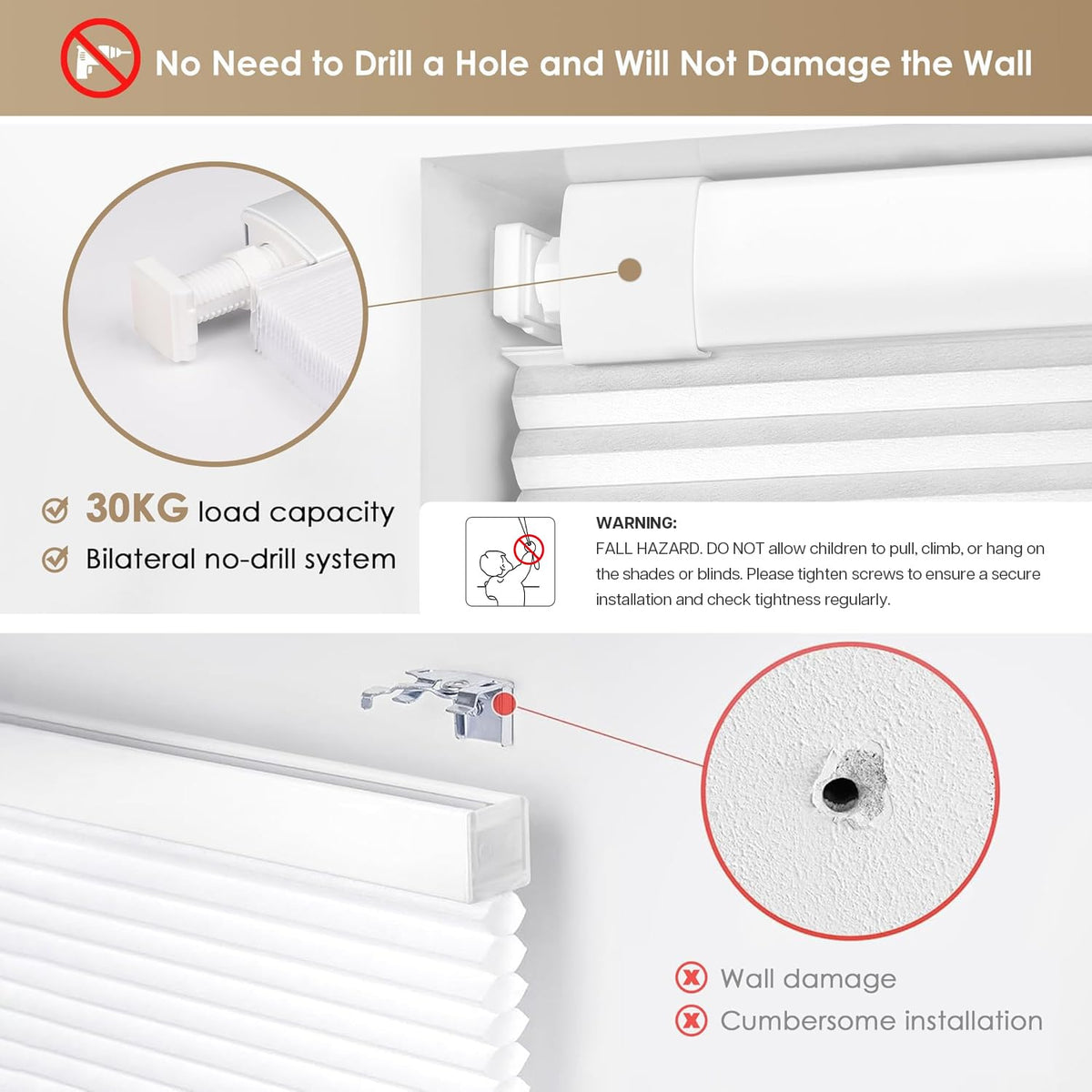 LazBlinds No Tools-No Drill system enables quick tool-free wall mounting.