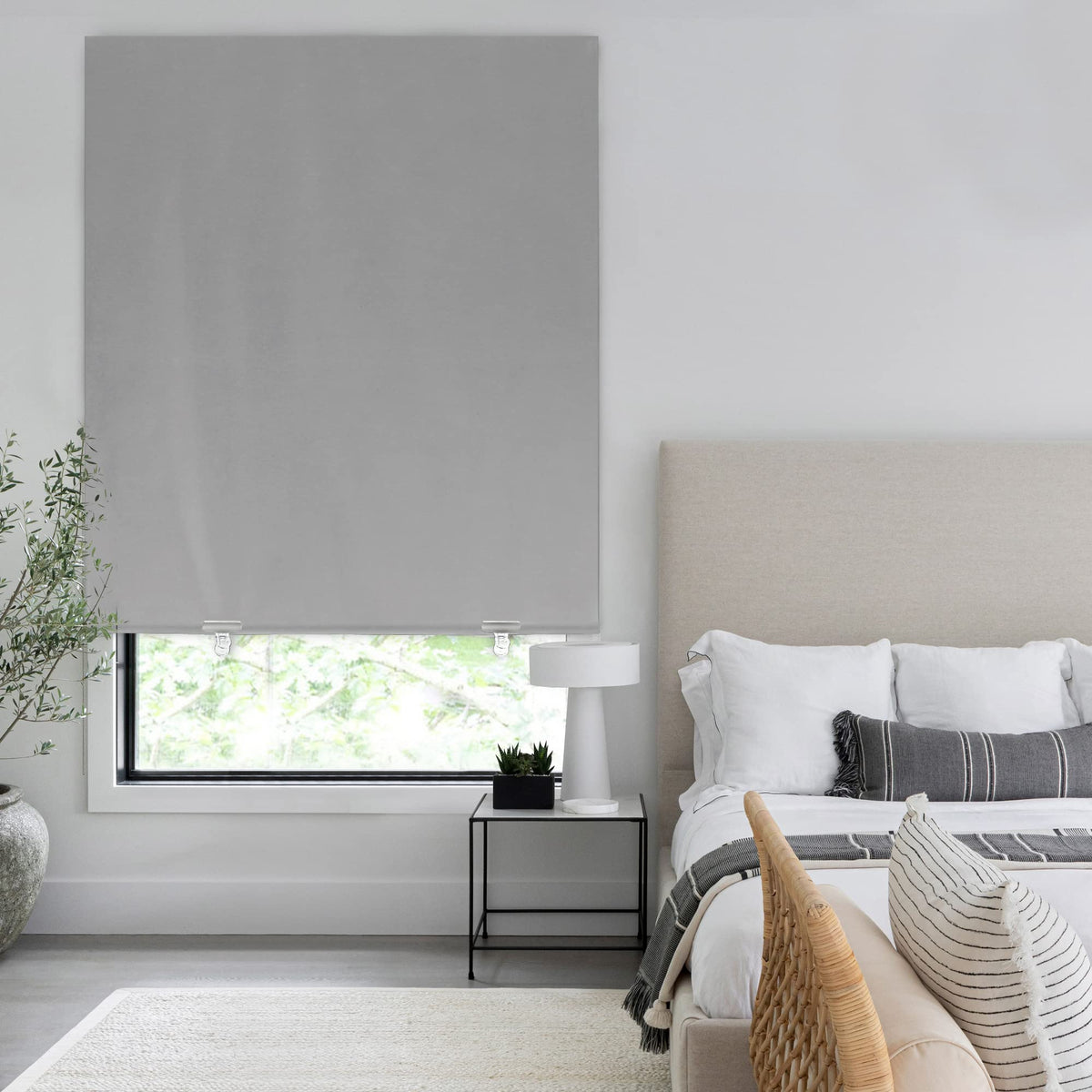 LazBlinds grey shade blocks UV rays for comfortable rooms and furniture protection.