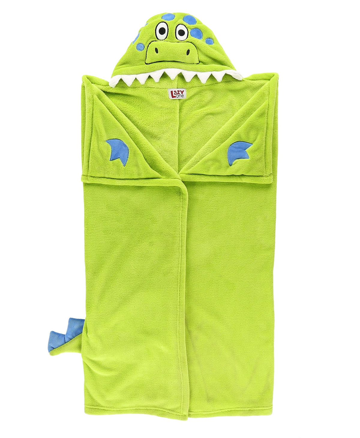 Lazy One dinosaur hooded blanket featuring embroidered face for friendly pretend play.