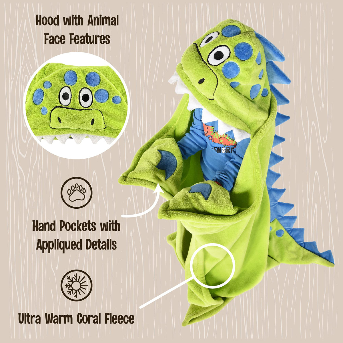 Lazy One dinosaur hooded blanket worn by kids for cozy storytelling.