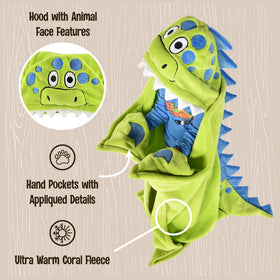 Lazy One dinosaur hooded blanket worn by kids for cozy storytelling.