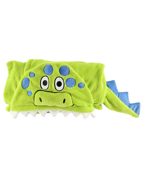Lazy One dinosaur hooded blanket with paw pockets for comfy cuddling.