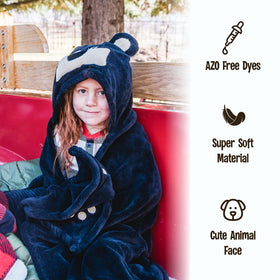 Lazy One dinosaur hooded blanket ideal for travel warmth and on-the-go comfort.