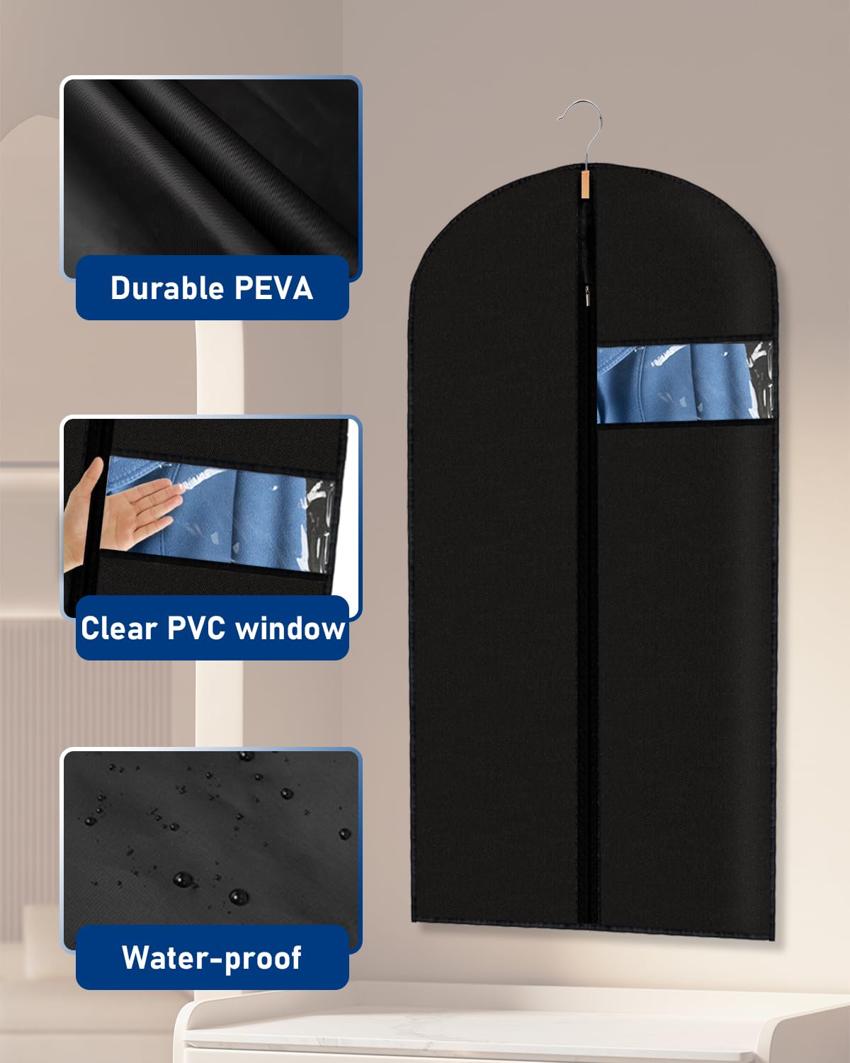 Lazydrop black garment cover hanging design fits suits and jackets.