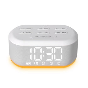 LazyNight small digital alarm clock on nightstand with white noise for calmer mornings.