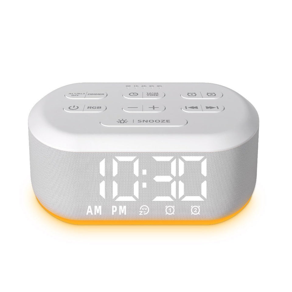 LazyNight small digital alarm clock on nightstand with white noise for calmer mornings.