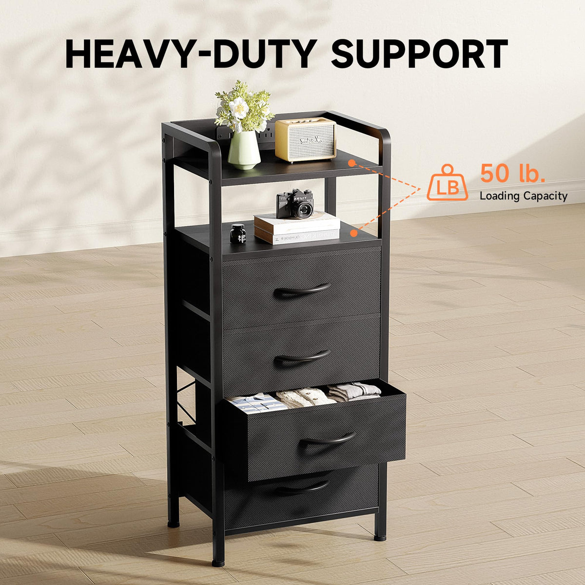 Lazzanto Nightstand black-coated metal finish adds modern, durable appeal.