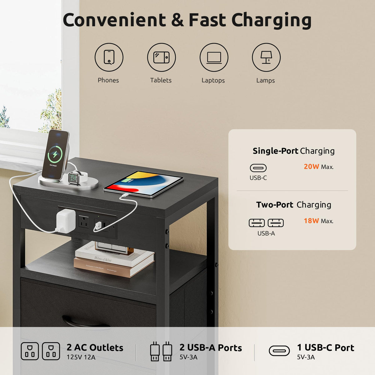 Lazzanto Nightstand Charger fabric drawer close-up showing removable storage