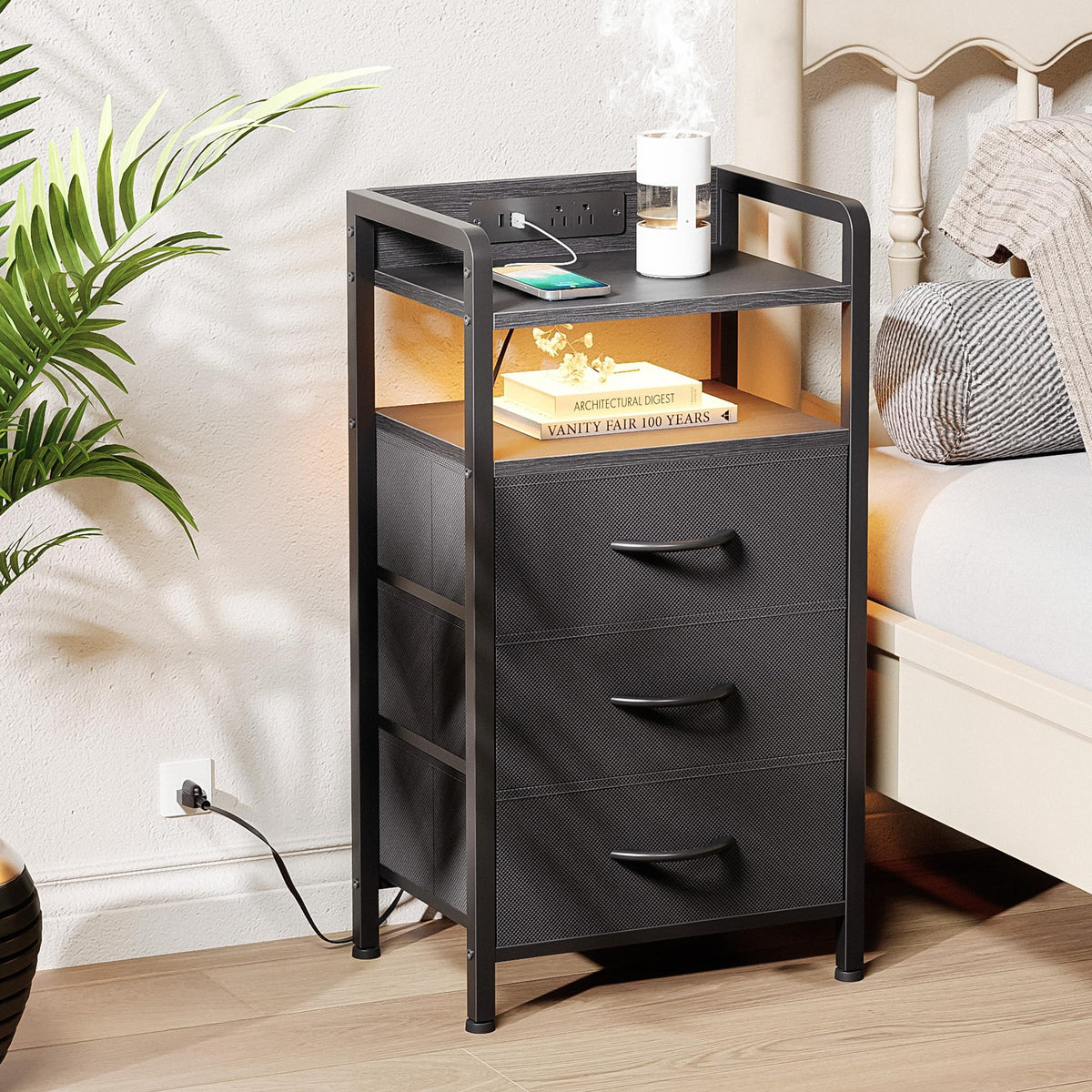 Lazzanto nightstand showing built-in USB and AC outlets for devices
