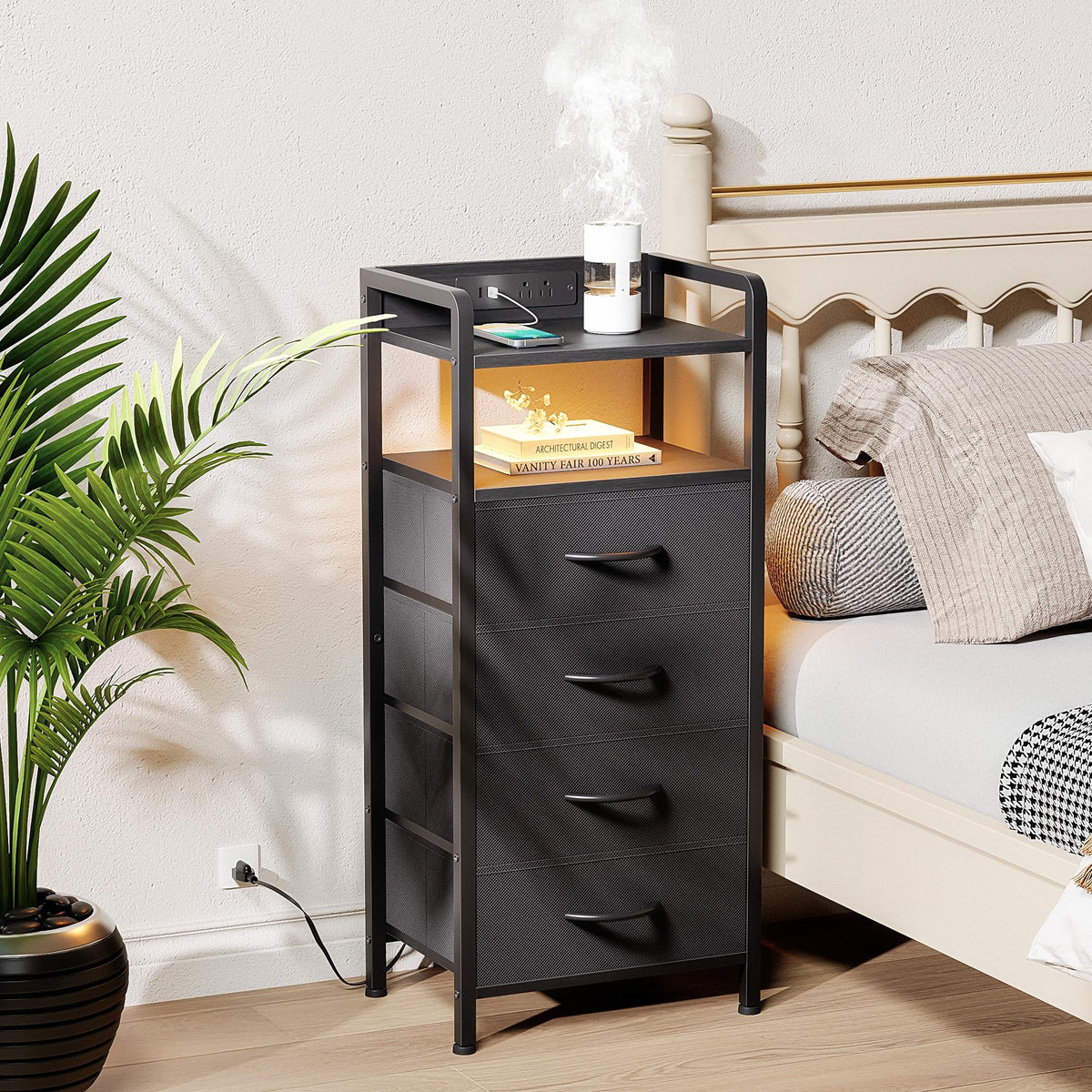 Lazzanto Nightstand charging station keeps devices powered via USB and outlets.