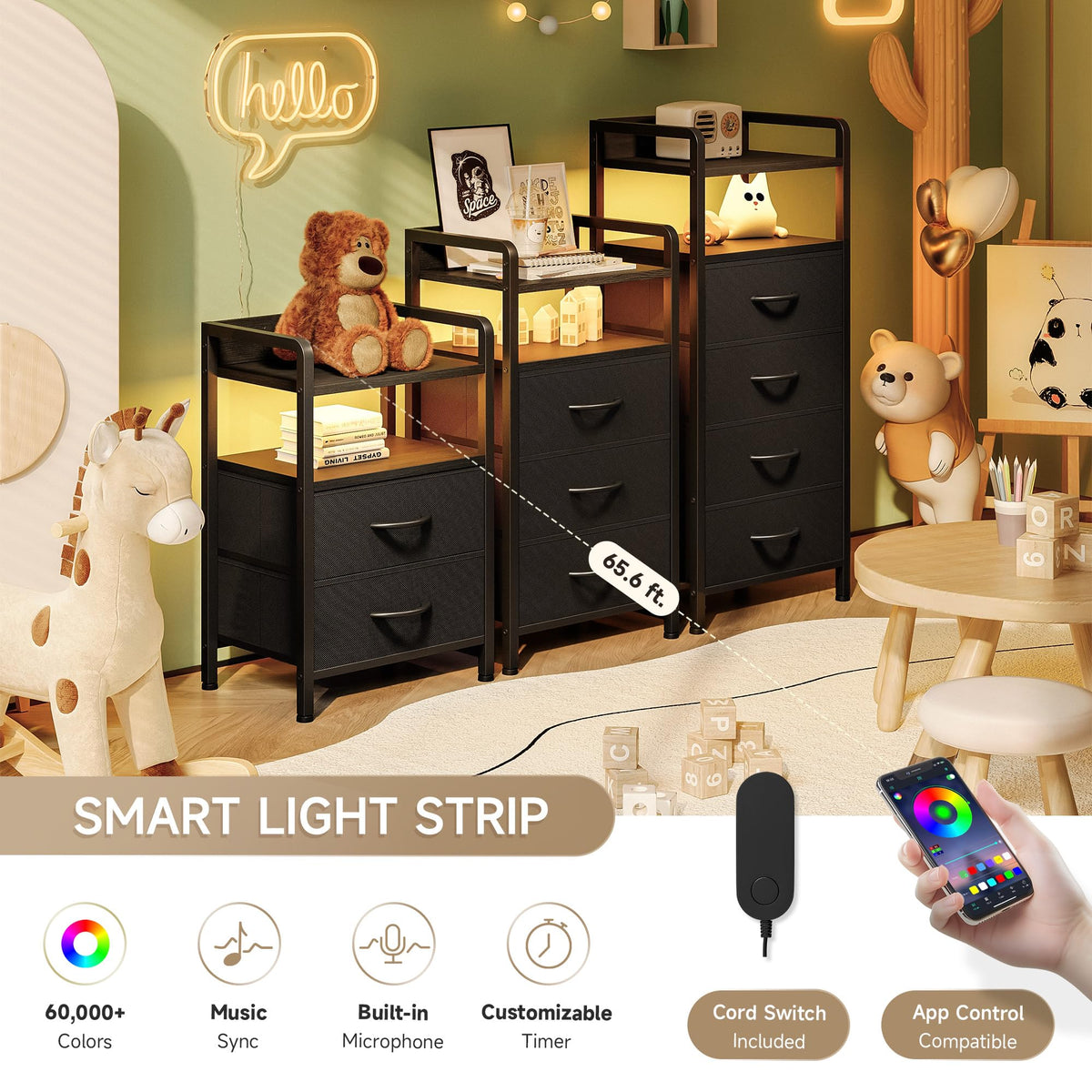 Lazzanto nightstand drawers open, illustrating spacious storage