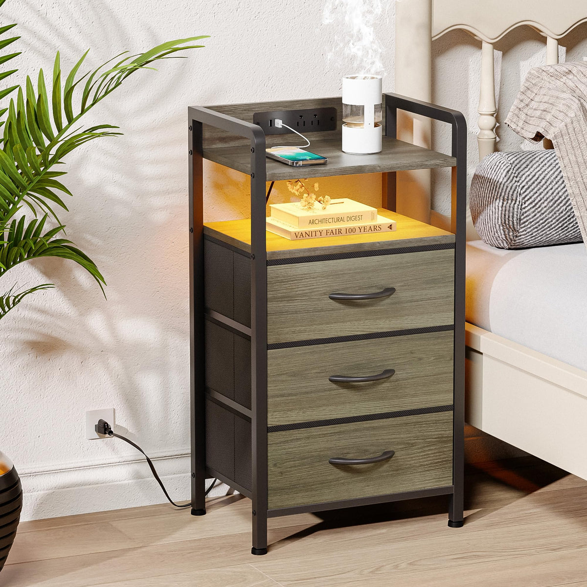 Lazzanto nightstand with three drawers offers organized bedside storage.