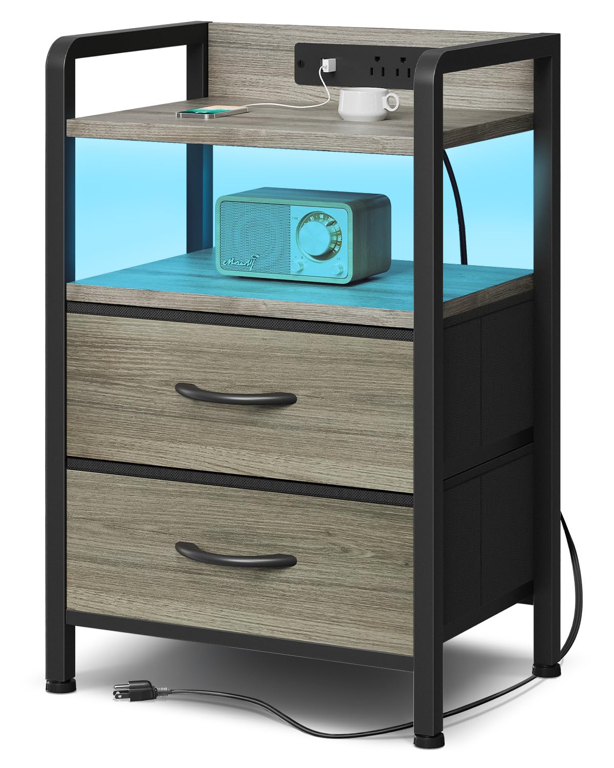 Lazzanto nightstand with grey LED strip enhances bedroom ambiance.