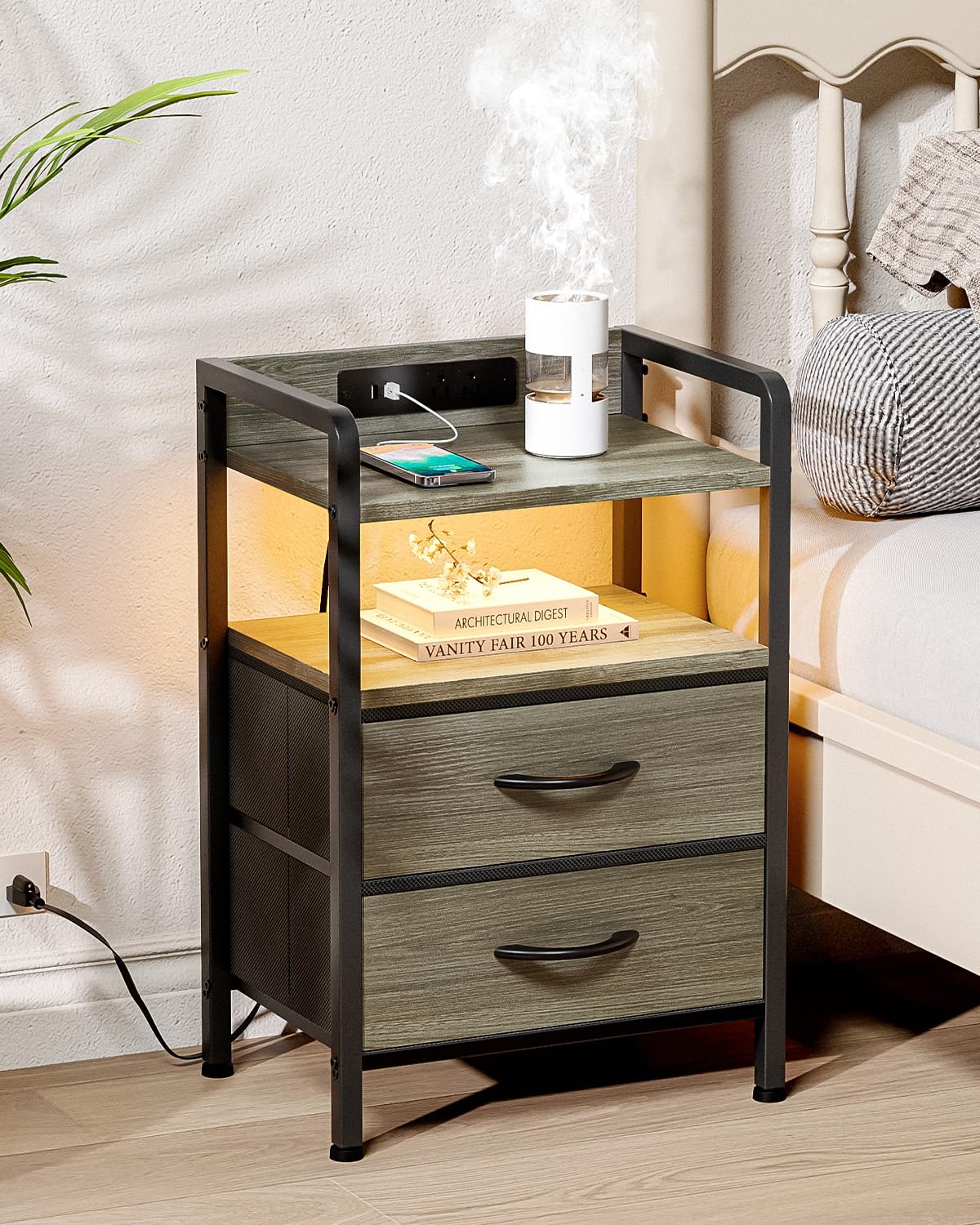 Lazzanto nightstand shows USB ports and AC outlets for easy charging.