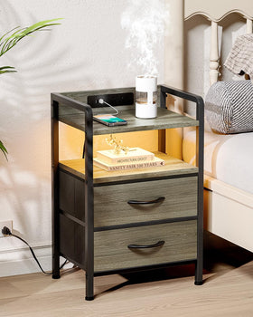 Lazzanto nightstand shows USB ports and AC outlets for easy charging.