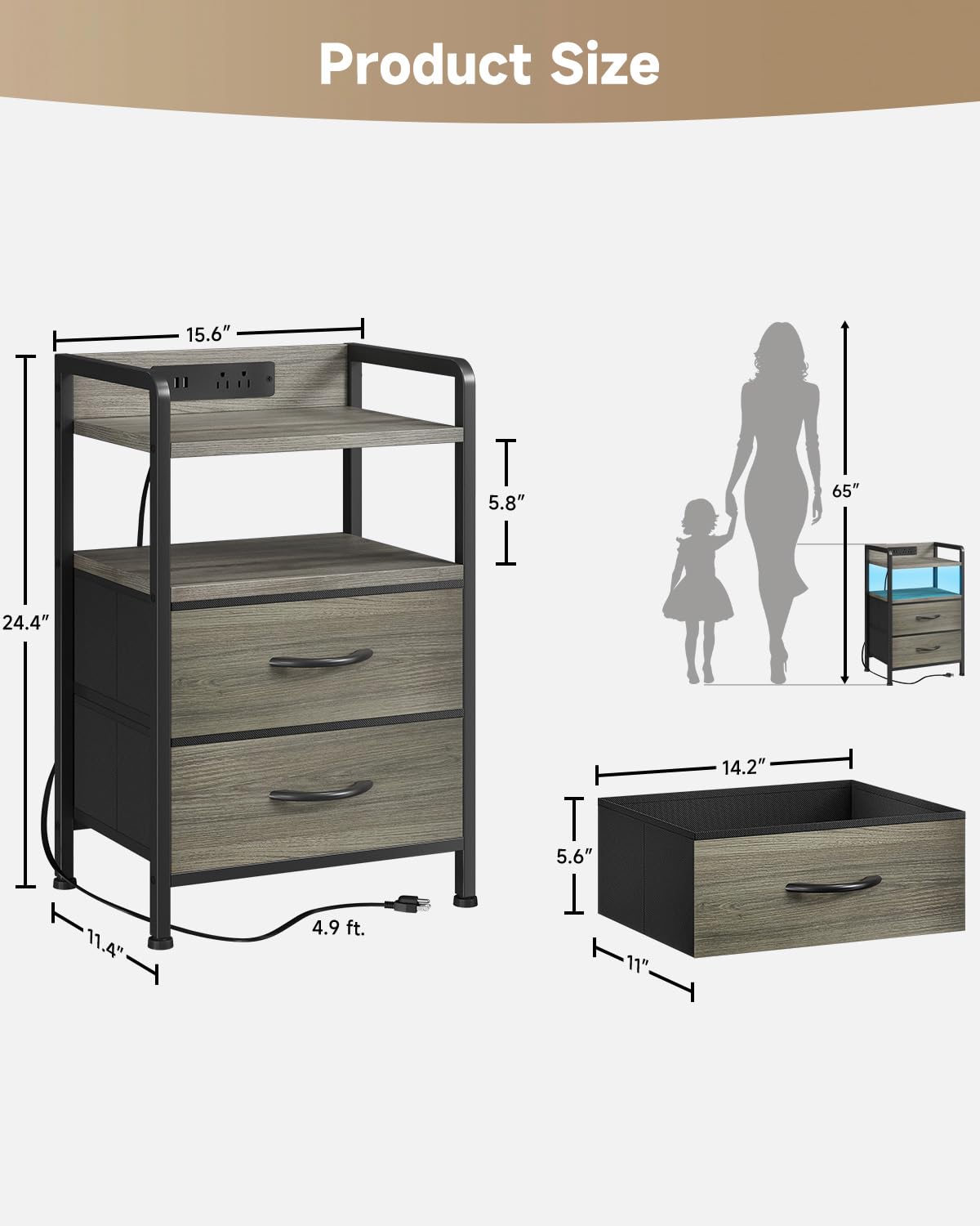 Lazzanto nightstand top surface is water-resistant with built-in storage drawers.
