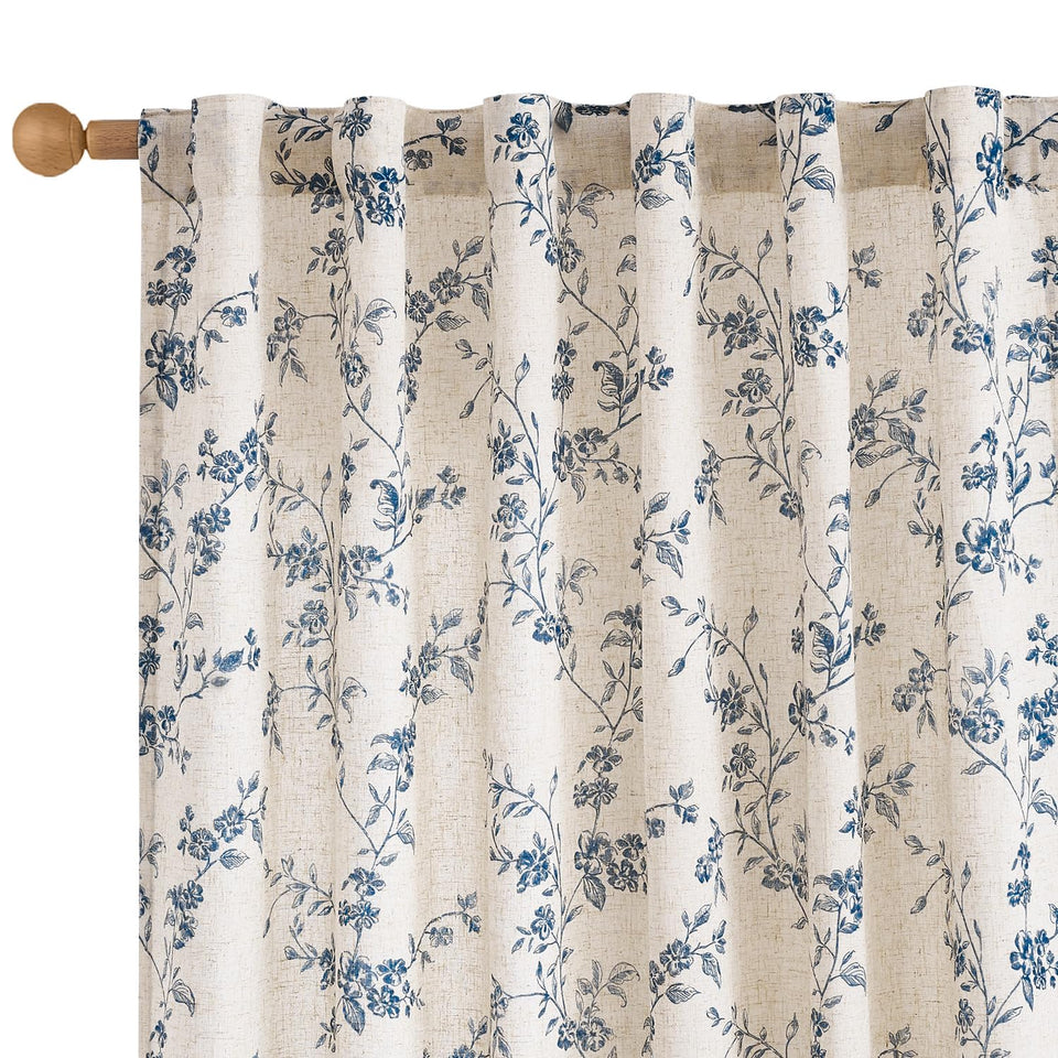 Lazzzy blue floral linen curtains full panel view with soft light filtering.