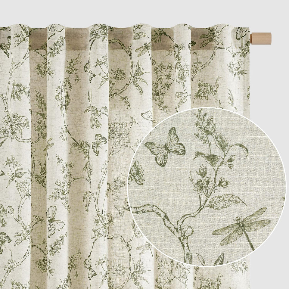 Lazzzy Charlotte linen farmhouse curtains in full panel with green floral print and soft light filtration.
