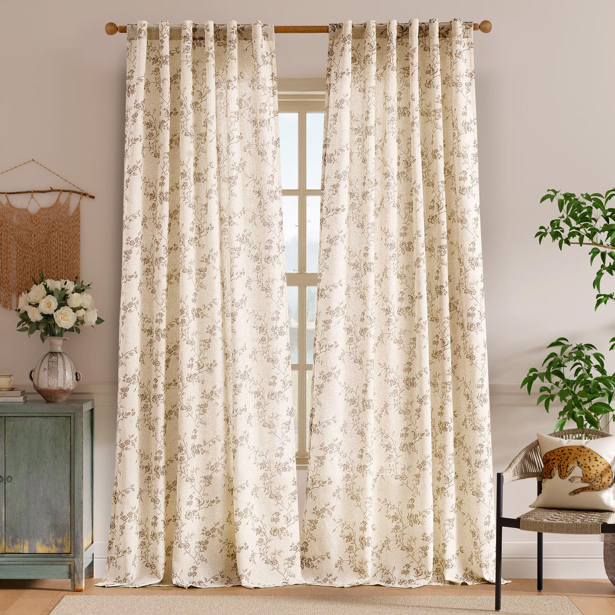Lazzzy farmhouse taupe floral fabric close-up shows linen blend texture and vintage charm.