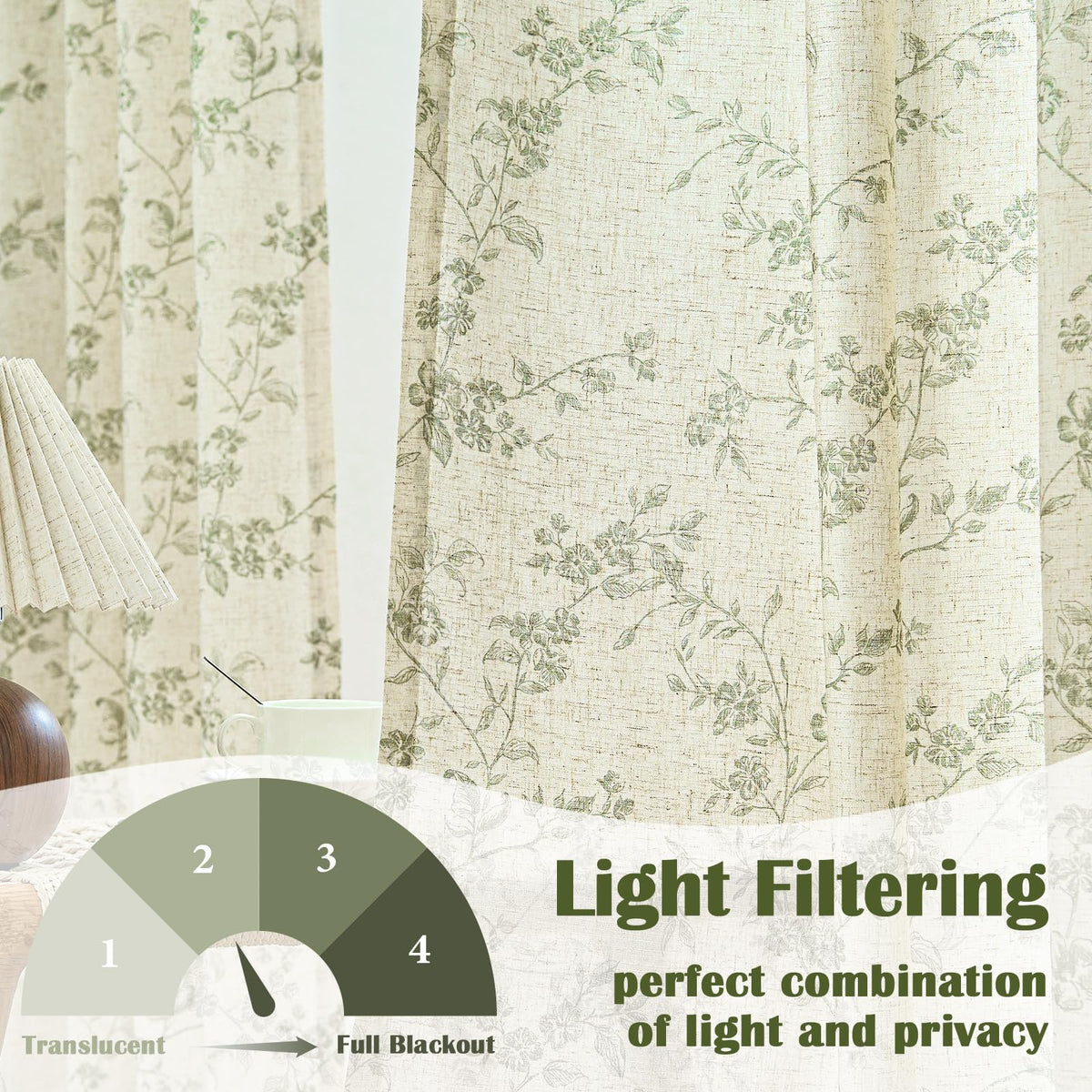 Lazzzy green floral curtains back-tab detail for easy hanging