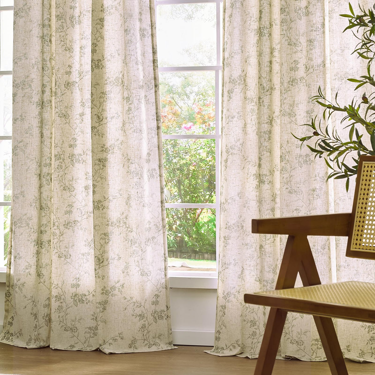 Lazzzy green floral curtains close-up open weave fabric