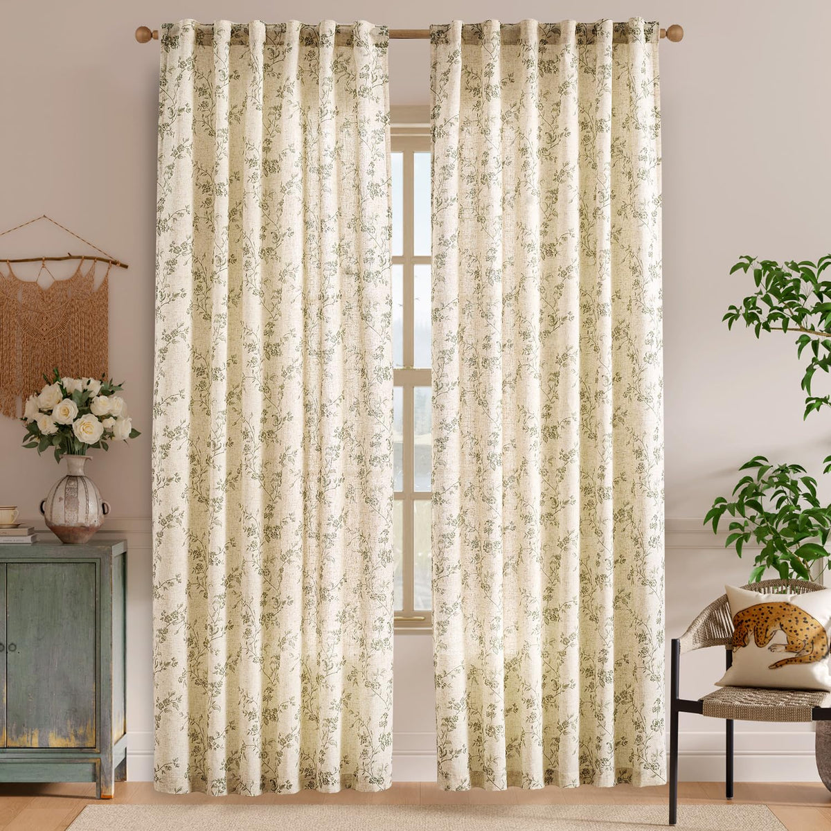 Lazzzy green floral curtains close-up texture of linen blend