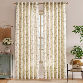 Lazzzy green floral curtains close-up texture of linen blend