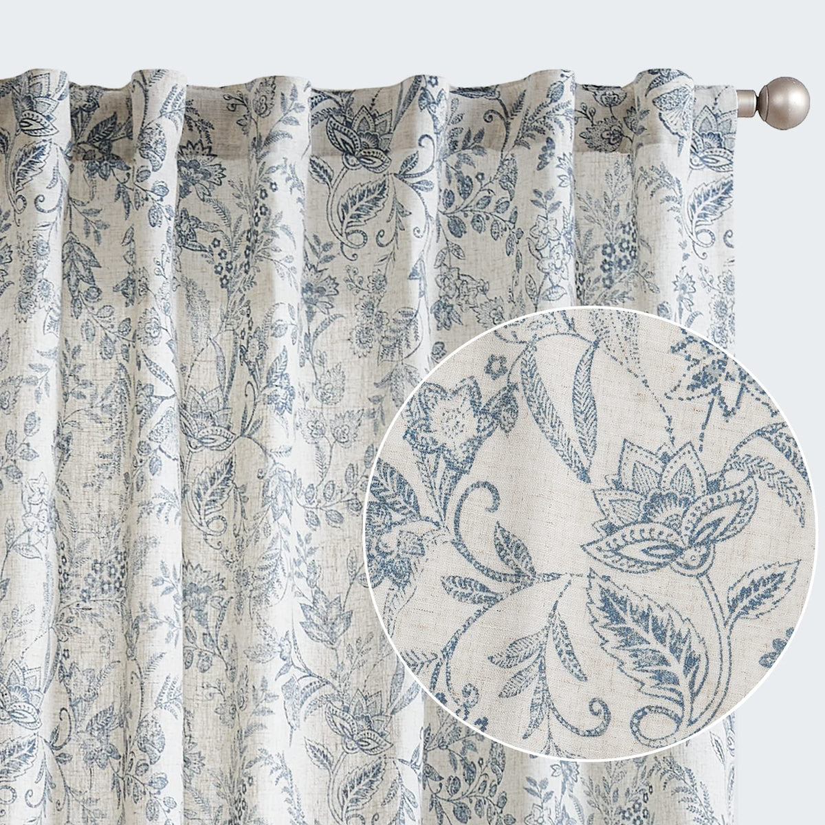 Lazzzy linen curtains with blue floral print filter soft daylight for a cozy living room