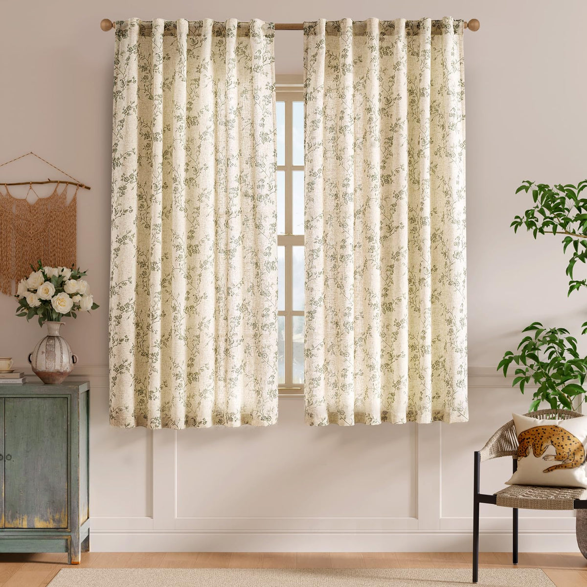 Lazzzy green floral linen curtains provide vintage charm and privacy for bedrooms and dining areas.