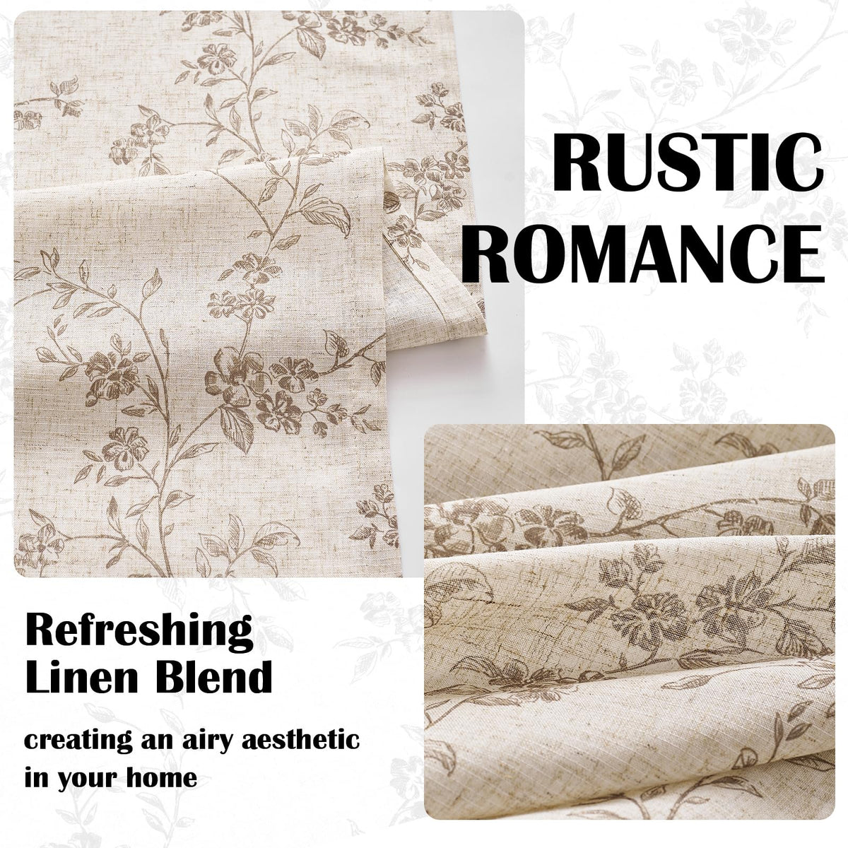 Lazzzy Linen Farmhouse Curtains taupe floral back-tab hanging option close-up