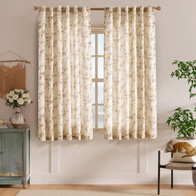 Lazzzy Linen Farmhouse Curtains taupe floral window view with soft light