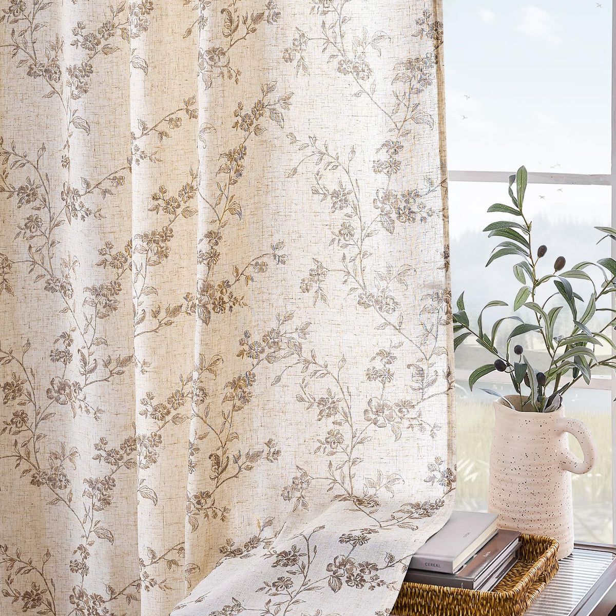 Lazzzy Taupe Floral Linen Curtains back-tab detail offers versatile hanging options.