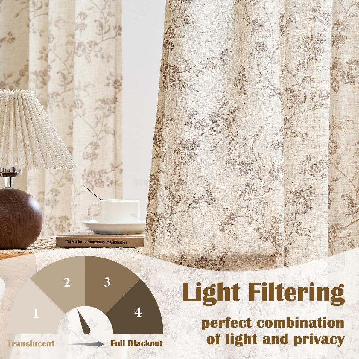 Lazzzy Taupe Floral Linen Curtains in a bedroom setting for cozy rustic ambience.