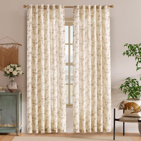 Lazzzy Taupe Floral Linen Curtains closeup fabric shows open weave and breezy light filtering.