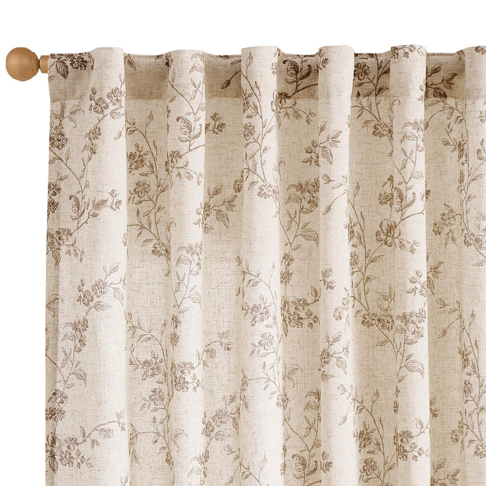Lazzzy Taupe Floral Linen Curtains panel texture highlights soft, natural drape for living spaces.