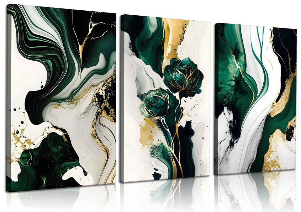 LBARTXY 3pcs framed emerald green wall art, ready to hang, elevates living room decor.