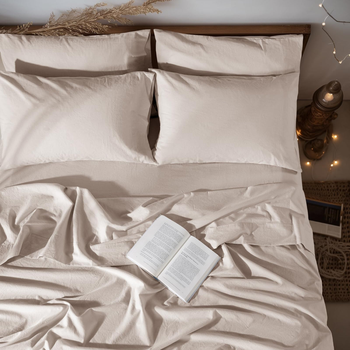 LBRO2M linen flat sheet on queen bed for all season comfort
