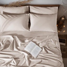 LBRO2M linen flat sheet on queen bed for all season comfort
